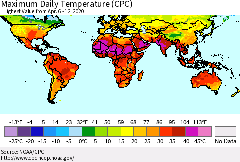 World Maximum Daily Temperature (CPC) Thematic Map For 4/6/2020 - 4/12/2020