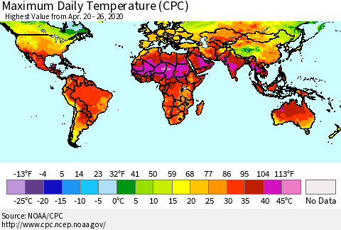 World Maximum Daily Temperature (CPC) Thematic Map For 4/20/2020 - 4/26/2020