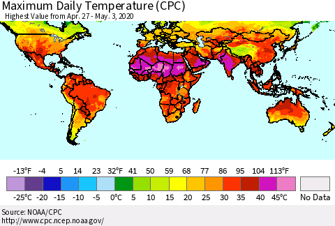 World Maximum Daily Temperature (CPC) Thematic Map For 4/27/2020 - 5/3/2020