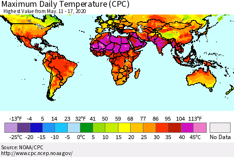 World Maximum Daily Temperature (CPC) Thematic Map For 5/11/2020 - 5/17/2020