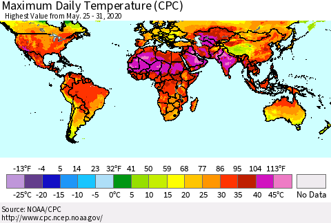 World Maximum Daily Temperature (CPC) Thematic Map For 5/25/2020 - 5/31/2020