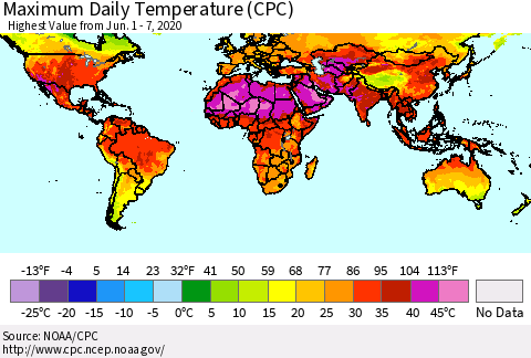 World Maximum Daily Temperature (CPC) Thematic Map For 6/1/2020 - 6/7/2020