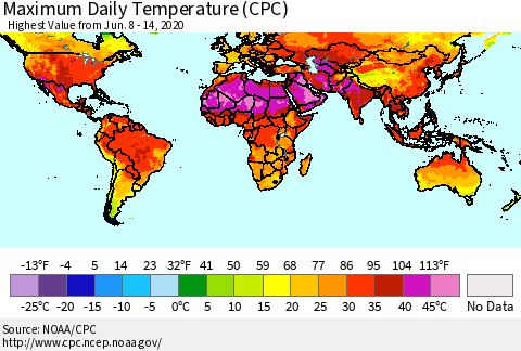 World Maximum Daily Temperature (CPC) Thematic Map For 6/8/2020 - 6/14/2020