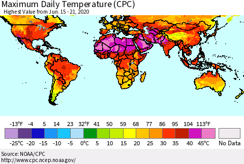 World Maximum Daily Temperature (CPC) Thematic Map For 6/15/2020 - 6/21/2020