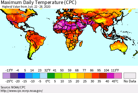 World Maximum Daily Temperature (CPC) Thematic Map For 6/22/2020 - 6/28/2020