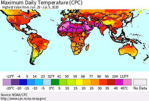 World Maximum Daily Temperature (CPC) Thematic Map For 6/29/2020 - 7/5/2020