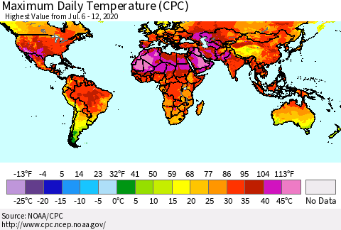 World Maximum Daily Temperature (CPC) Thematic Map For 7/6/2020 - 7/12/2020