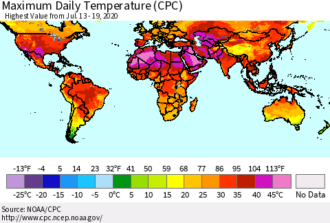 World Maximum Daily Temperature (CPC) Thematic Map For 7/13/2020 - 7/19/2020