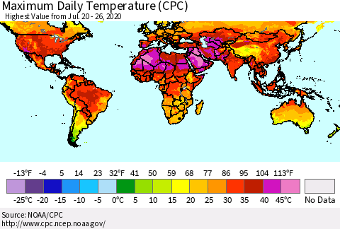 World Maximum Daily Temperature (CPC) Thematic Map For 7/20/2020 - 7/26/2020