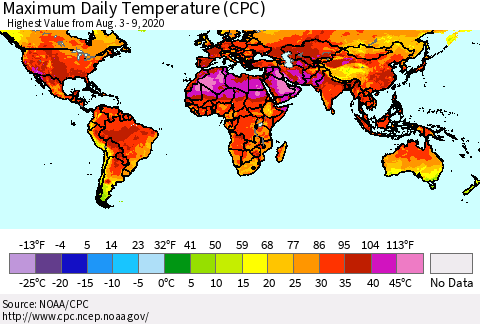 World Maximum Daily Temperature (CPC) Thematic Map For 8/3/2020 - 8/9/2020