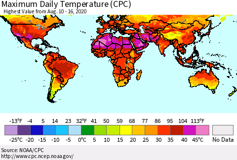 World Maximum Daily Temperature (CPC) Thematic Map For 8/10/2020 - 8/16/2020
