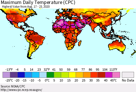 World Maximum Daily Temperature (CPC) Thematic Map For 8/17/2020 - 8/23/2020