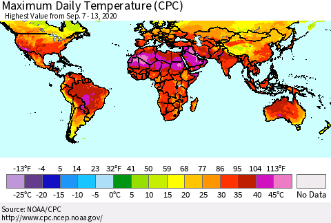 World Maximum Daily Temperature (CPC) Thematic Map For 9/7/2020 - 9/13/2020