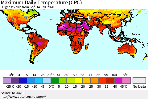 World Maximum Daily Temperature (CPC) Thematic Map For 9/14/2020 - 9/20/2020
