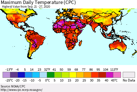 World Maximum Daily Temperature (CPC) Thematic Map For 9/21/2020 - 9/27/2020