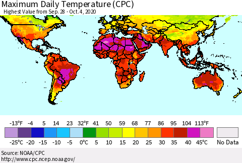 World Maximum Daily Temperature (CPC) Thematic Map For 9/28/2020 - 10/4/2020