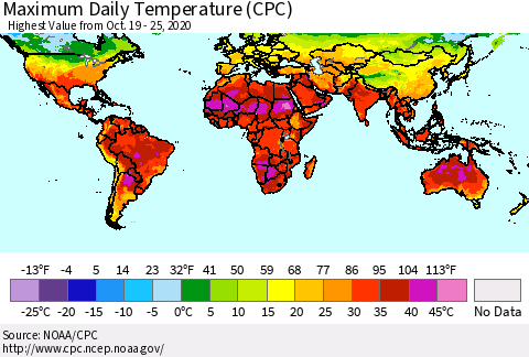 World Maximum Daily Temperature (CPC) Thematic Map For 10/19/2020 - 10/25/2020