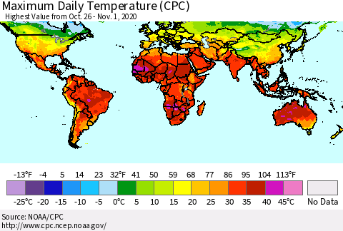 World Maximum Daily Temperature (CPC) Thematic Map For 10/26/2020 - 11/1/2020