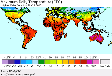 World Maximum Daily Temperature (CPC) Thematic Map For 11/16/2020 - 11/22/2020