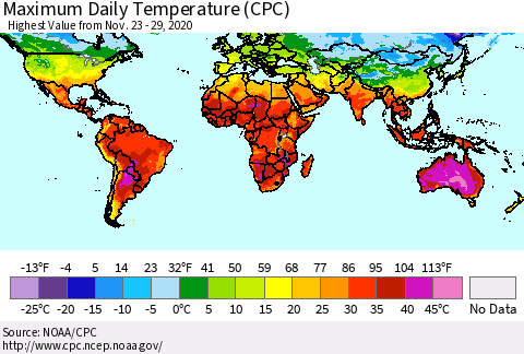 World Maximum Daily Temperature (CPC) Thematic Map For 11/23/2020 - 11/29/2020