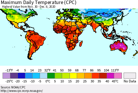 World Maximum Daily Temperature (CPC) Thematic Map For 11/30/2020 - 12/6/2020