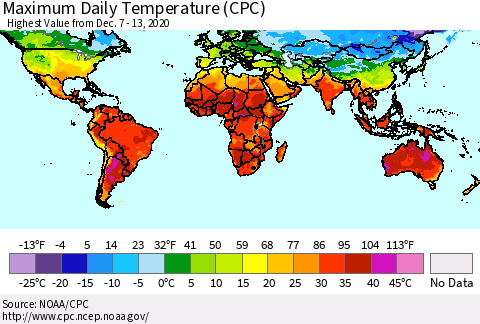 World Maximum Daily Temperature (CPC) Thematic Map For 12/7/2020 - 12/13/2020