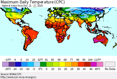 World Maximum Daily Temperature (CPC) Thematic Map For 12/21/2020 - 12/27/2020