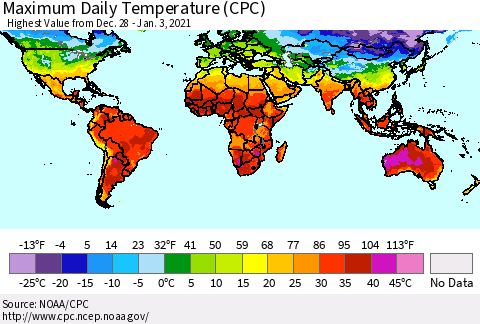 World Maximum Daily Temperature (CPC) Thematic Map For 12/28/2020 - 1/3/2021