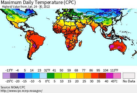 World Maximum Daily Temperature (CPC) Thematic Map For 1/24/2022 - 1/30/2022