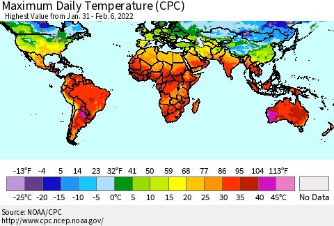 World Maximum Daily Temperature (CPC) Thematic Map For 1/31/2022 - 2/6/2022