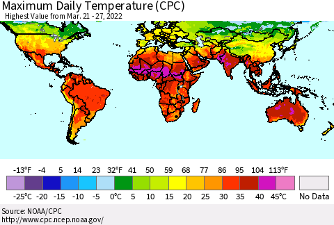 World Maximum Daily Temperature (CPC) Thematic Map For 3/21/2022 - 3/27/2022
