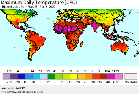 World Maximum Daily Temperature (CPC) Thematic Map For 3/28/2022 - 4/3/2022