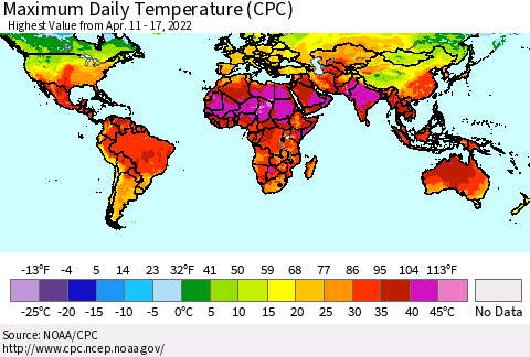 World Maximum Daily Temperature (CPC) Thematic Map For 4/11/2022 - 4/17/2022