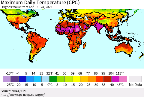 World Maximum Daily Temperature (CPC) Thematic Map For 4/18/2022 - 4/24/2022