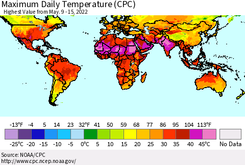 World Maximum Daily Temperature (CPC) Thematic Map For 5/9/2022 - 5/15/2022