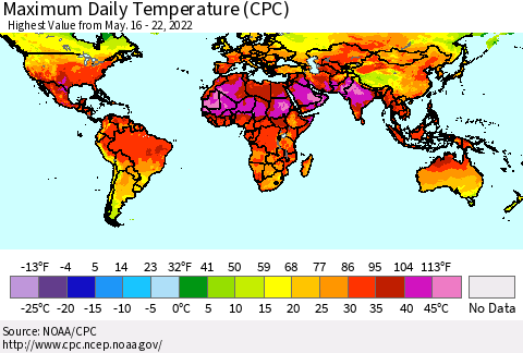 World Maximum Daily Temperature (CPC) Thematic Map For 5/16/2022 - 5/22/2022