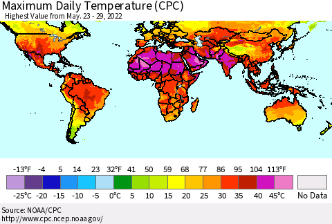 World Maximum Daily Temperature (CPC) Thematic Map For 5/23/2022 - 5/29/2022