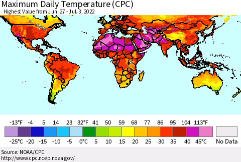 World Maximum Daily Temperature (CPC) Thematic Map For 6/27/2022 - 7/3/2022