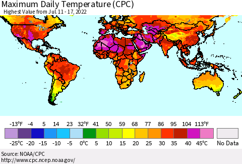 World Maximum Daily Temperature (CPC) Thematic Map For 7/11/2022 - 7/17/2022