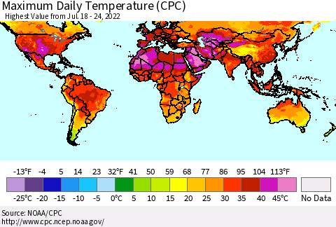 World Maximum Daily Temperature (CPC) Thematic Map For 7/18/2022 - 7/24/2022