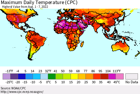 World Maximum Daily Temperature (CPC) Thematic Map For 8/1/2022 - 8/7/2022