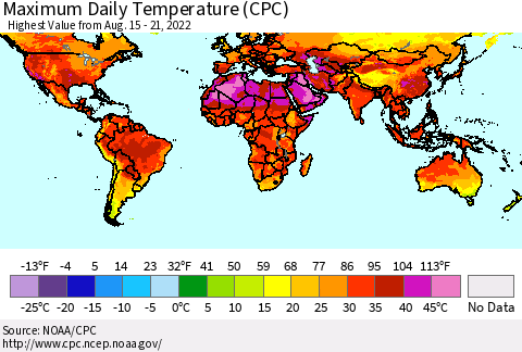World Maximum Daily Temperature (CPC) Thematic Map For 8/15/2022 - 8/21/2022