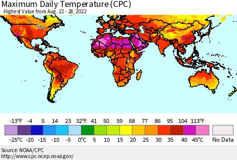 World Maximum Daily Temperature (CPC) Thematic Map For 8/22/2022 - 8/28/2022