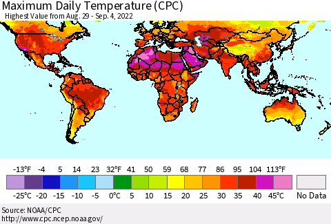 World Maximum Daily Temperature (CPC) Thematic Map For 8/29/2022 - 9/4/2022