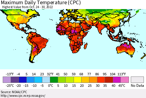 World Maximum Daily Temperature (CPC) Thematic Map For 10/24/2022 - 10/30/2022