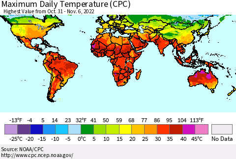 World Maximum Daily Temperature (CPC) Thematic Map For 10/31/2022 - 11/6/2022