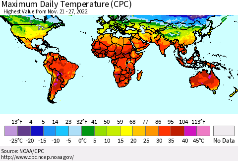 World Maximum Daily Temperature (CPC) Thematic Map For 11/21/2022 - 11/27/2022