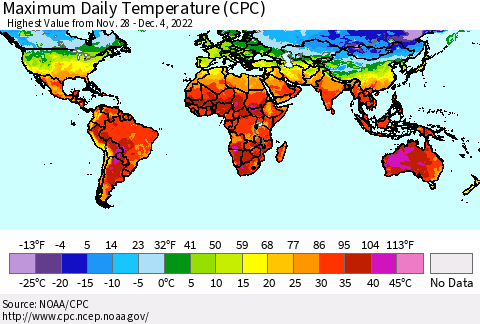 World Maximum Daily Temperature (CPC) Thematic Map For 11/28/2022 - 12/4/2022