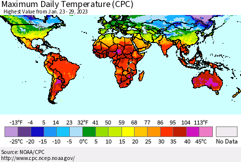 World Maximum Daily Temperature (CPC) Thematic Map For 1/23/2023 - 1/29/2023