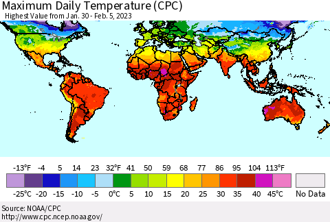 World Maximum Daily Temperature (CPC) Thematic Map For 1/30/2023 - 2/5/2023